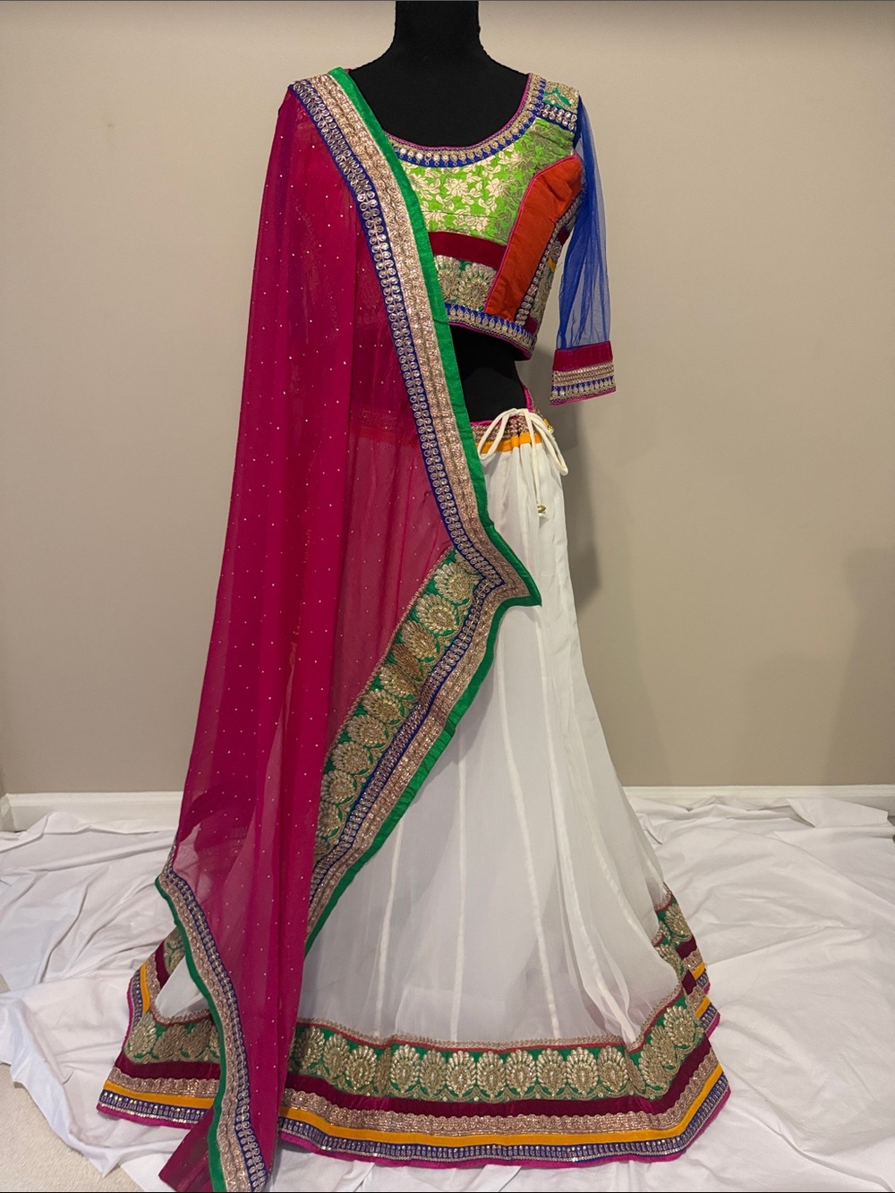 Embellished White Navratri Lehenga Skirt with Pink Dupatta and Multicolor Blouse
